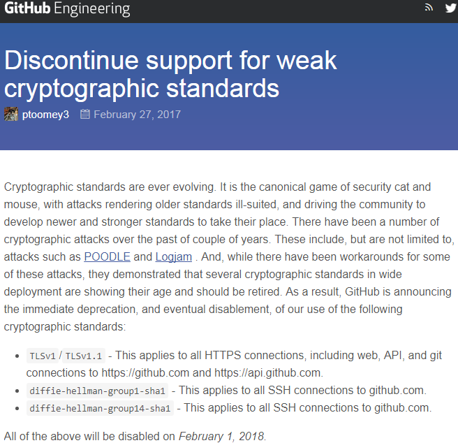 GitHub 从 2018 年 2 月 1 日起禁用 TLSv1 和 TLSv1.1