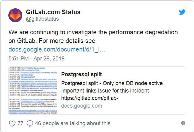 GitLab：因“大脑分裂问题” 5台PostgreSQL 3台彻底趴下