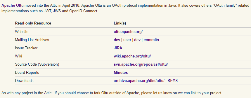 OAuth 开源框架 Apache Oltu 因不活跃宣布退休