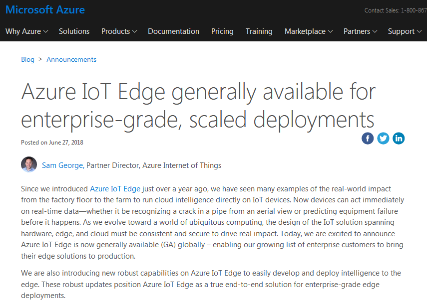 微软宣布正式开源 Azure IoT Edge 边缘计算服务