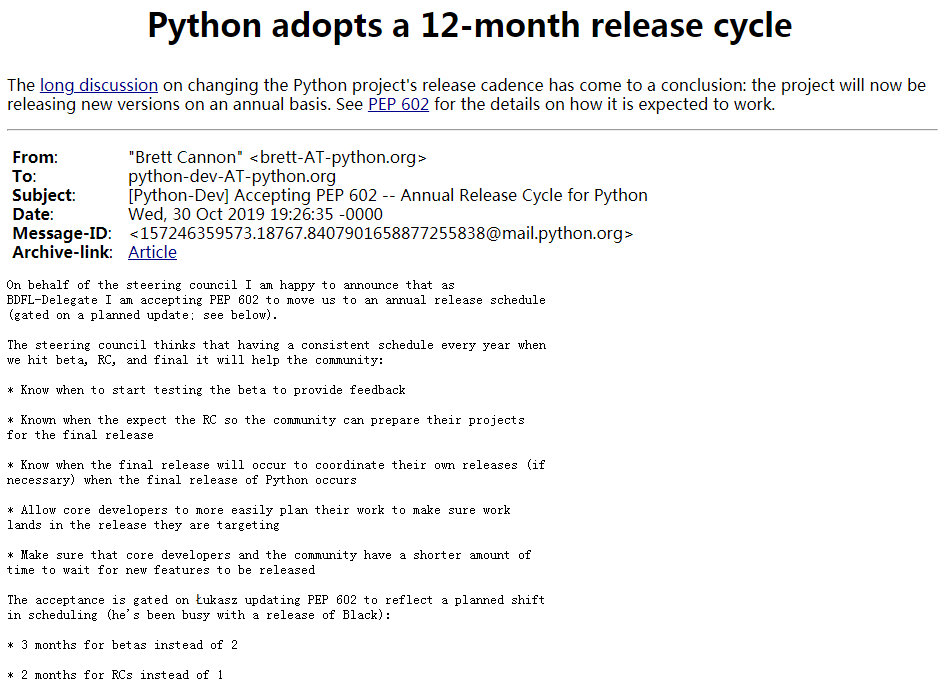 Python 将采用 12 个月的发布周期：一年发布一个大版本