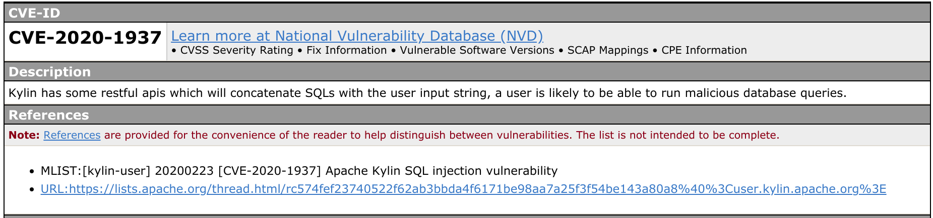 Apache Kylin 发现 SQL 注入漏洞，已修复