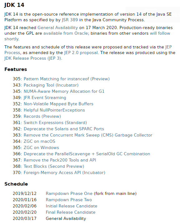 JDK/Java 14 发布