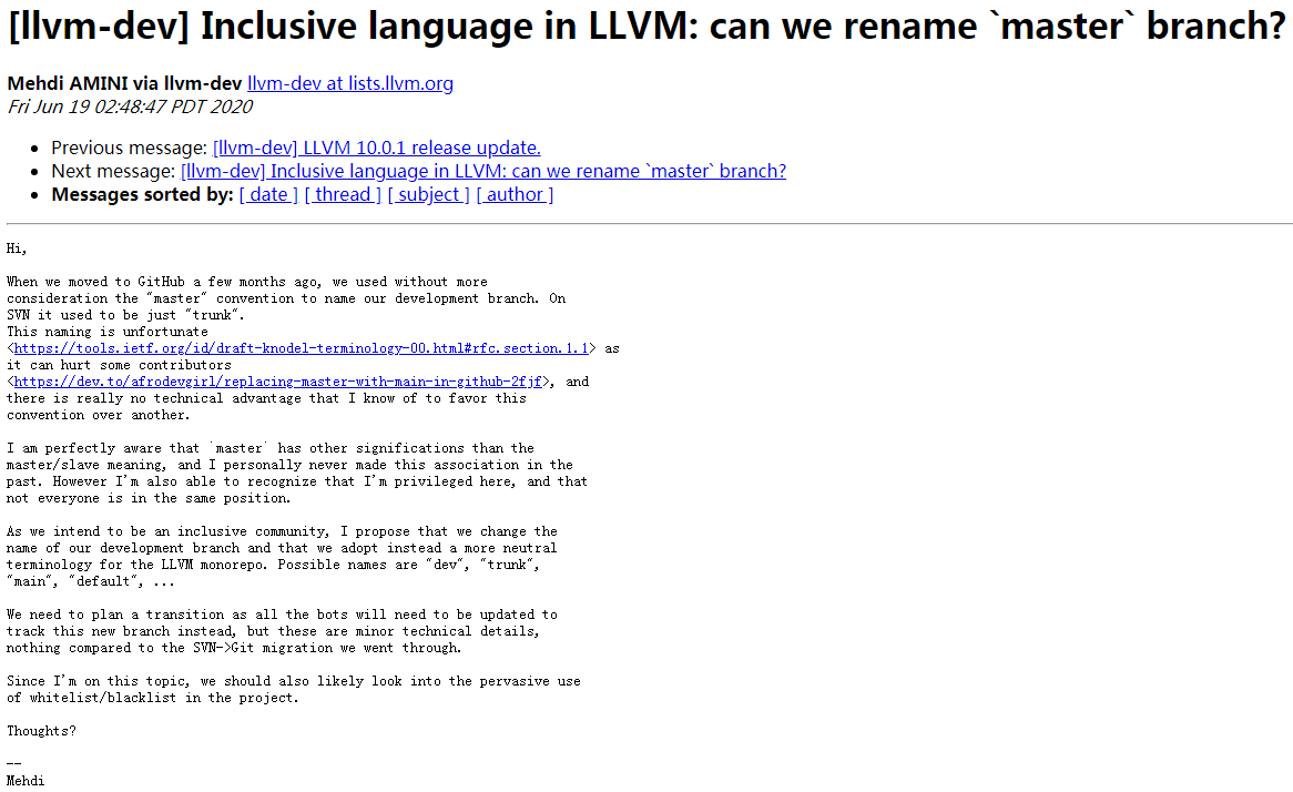 LLVM 开发者对于重命名"master"的讨论