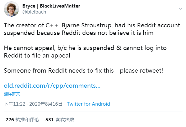 C++ 之父 Bjarne Stroustrup 被冻结 reddit 帐号