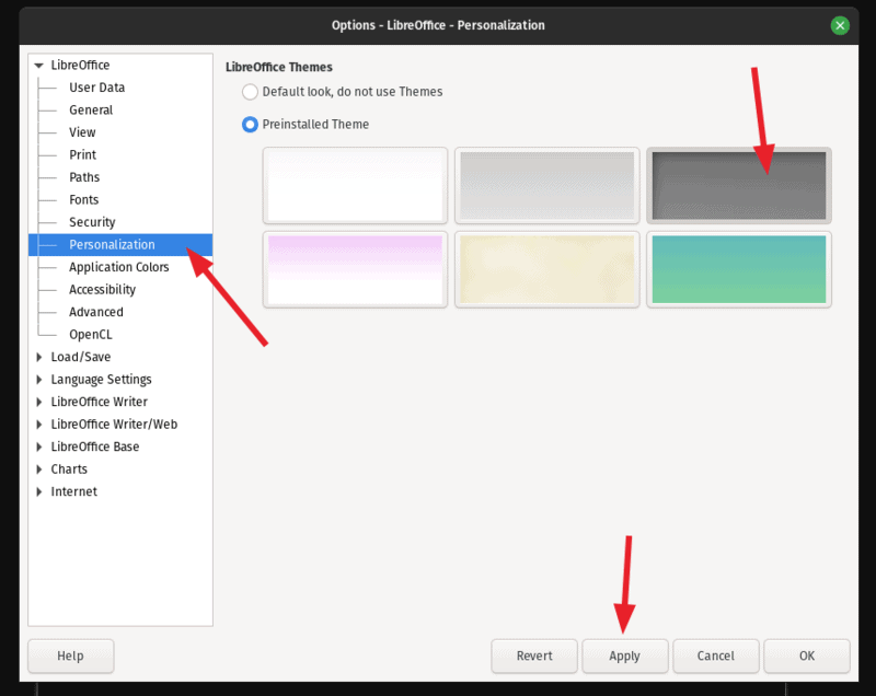 如何在 LibreOffice 中完全启用深色模式