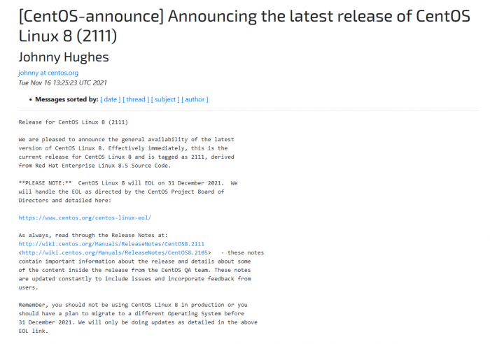 CentOS Linux 8 version 2111​发布：基于上游RHEL 8.5的最后版本