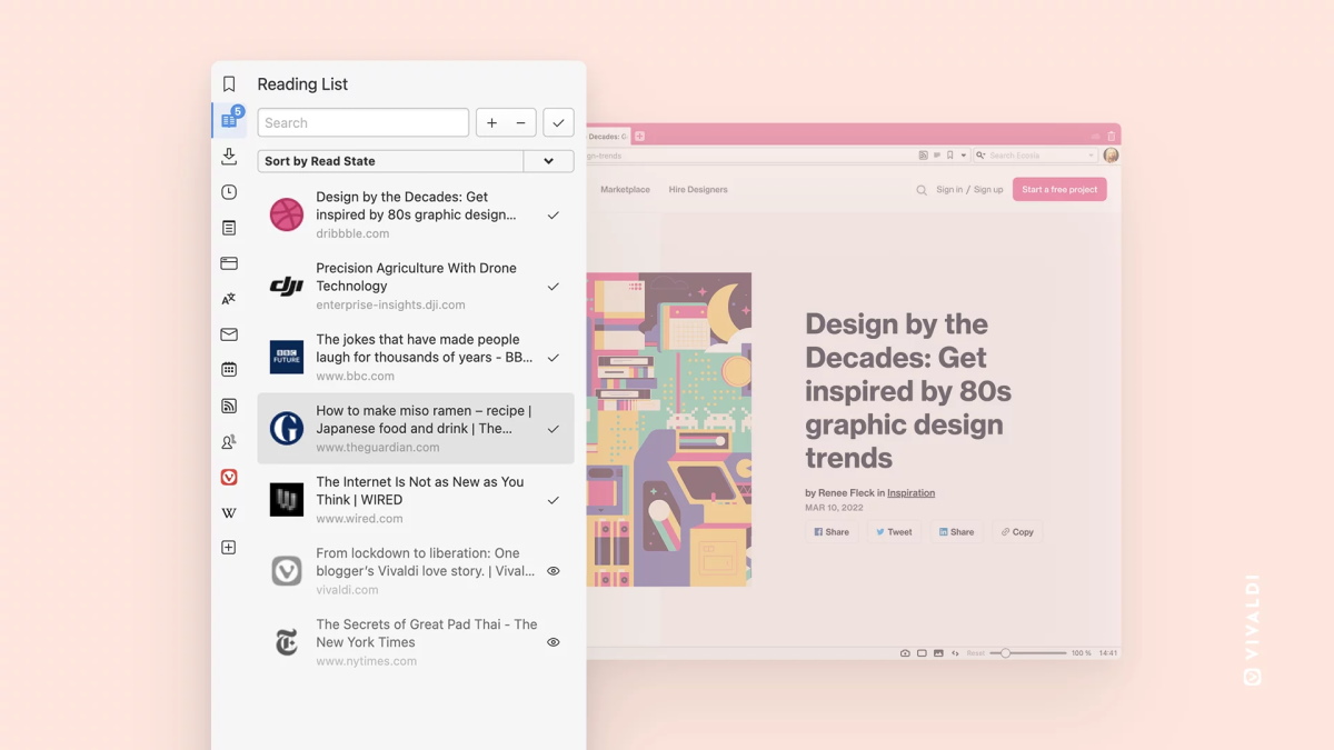 Vivaldi 5.2 增加了阅读列表面板和新的隐私统计栏