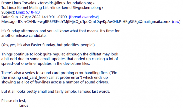 Linux 5.18-rc3发布 复活节假期不停工