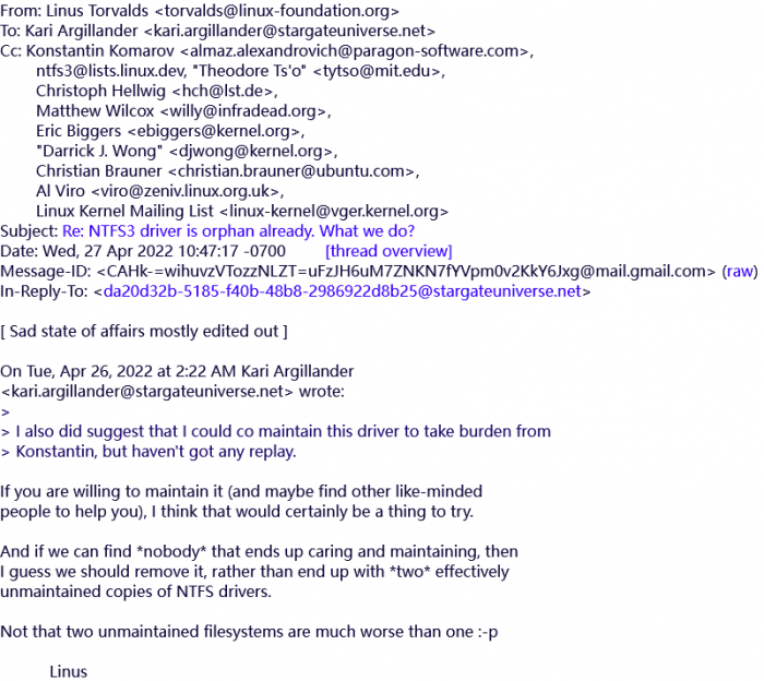 Linus Torvalds对NTFS3 Linux驱动无人维护的情况发表评论