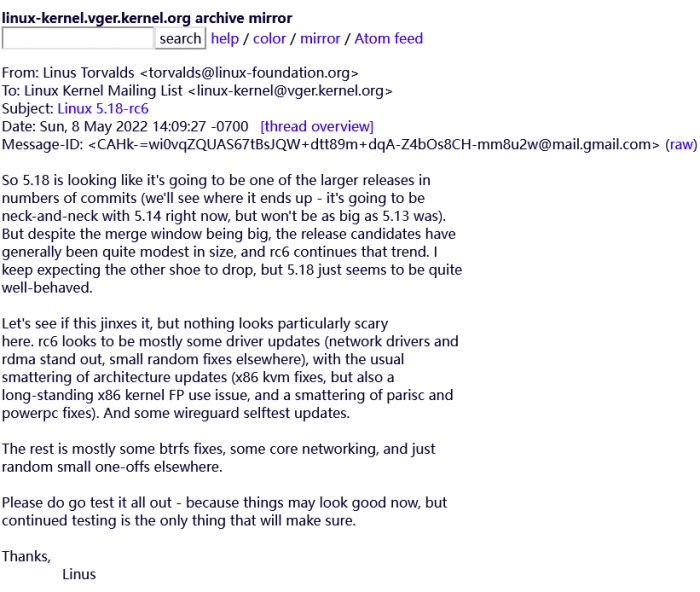 Linux 5.18-rc6发布 Torvalds评价称其看起来 "相当乖巧"
