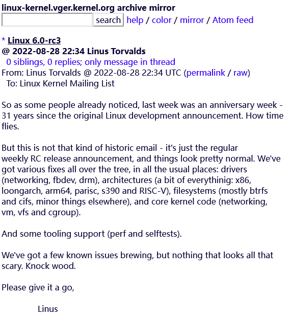 Linux 6.0-rc3版本公布 Linus Torvalds纪念内核走过31周年