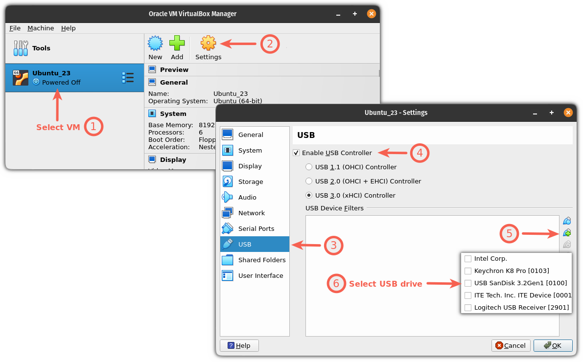 在 Linux 上的 VirtualBox 中从虚拟机访问 USB