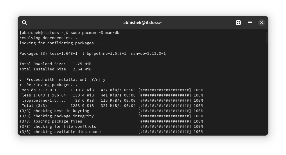 修复 Arch Linux 中的 “Bash: man command not found” 错误