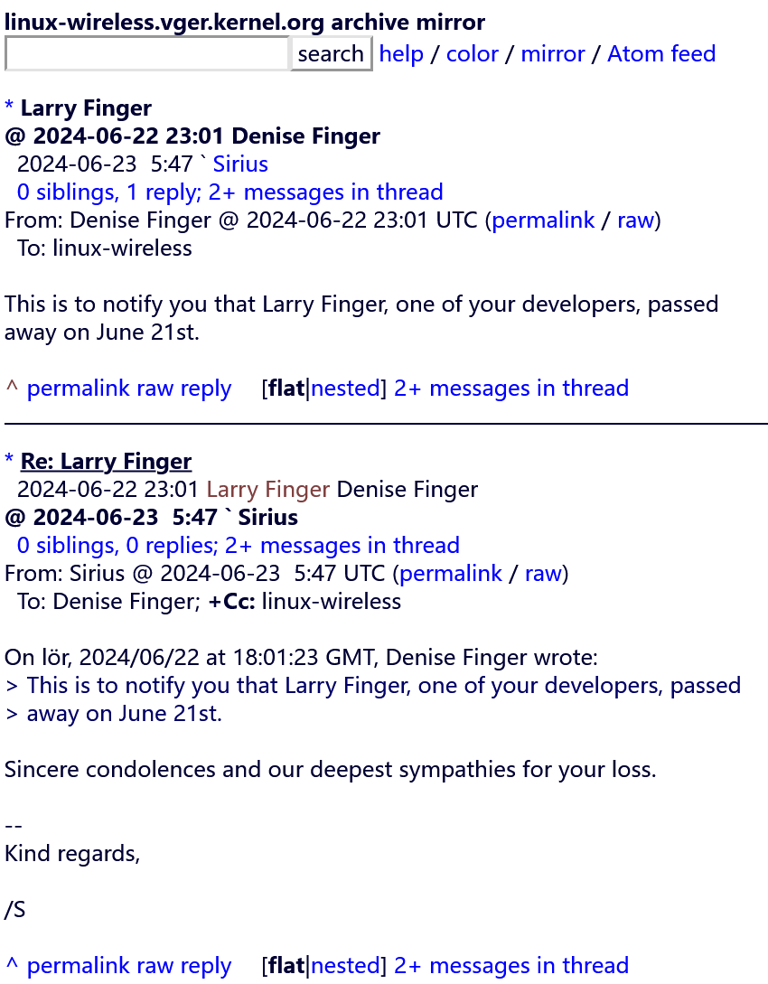 长期从事Linux无线驱动开发的开发人员Larry Finger去世