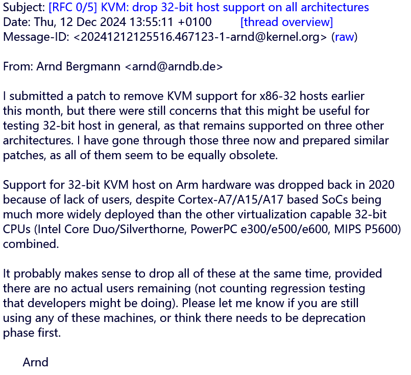 Linux 开发人员考虑终止 32 位 KVM 主机虚拟化支持