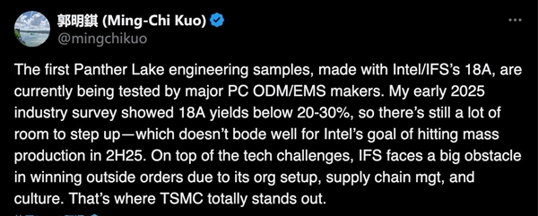 郭明錤：英特尔18A处理器良品率令人失望 目前仅20%无法量产